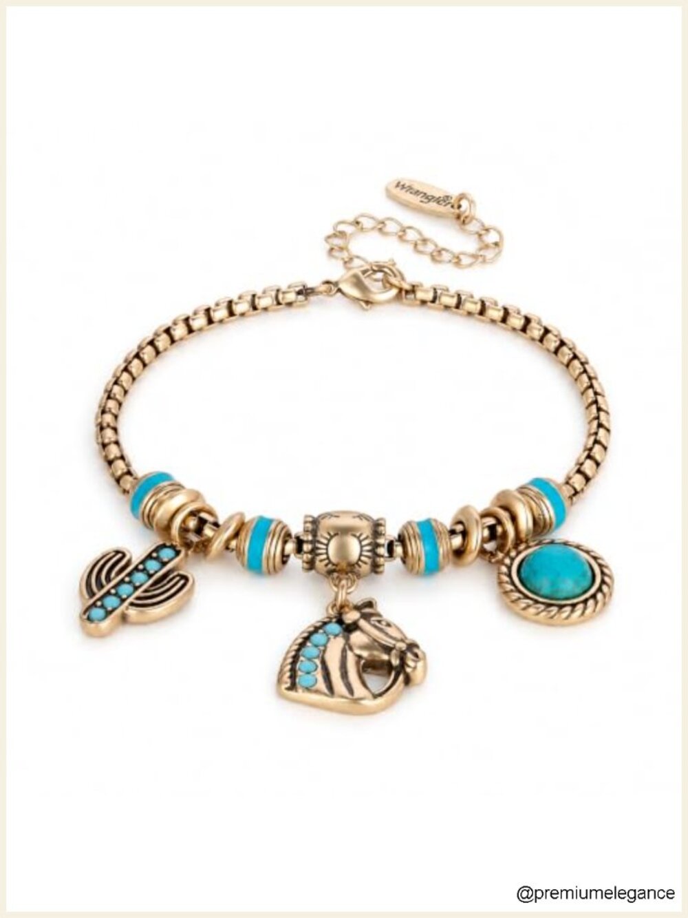Western Turquoise Sliding Charm Bracelet with Horse & Cactus Motifs